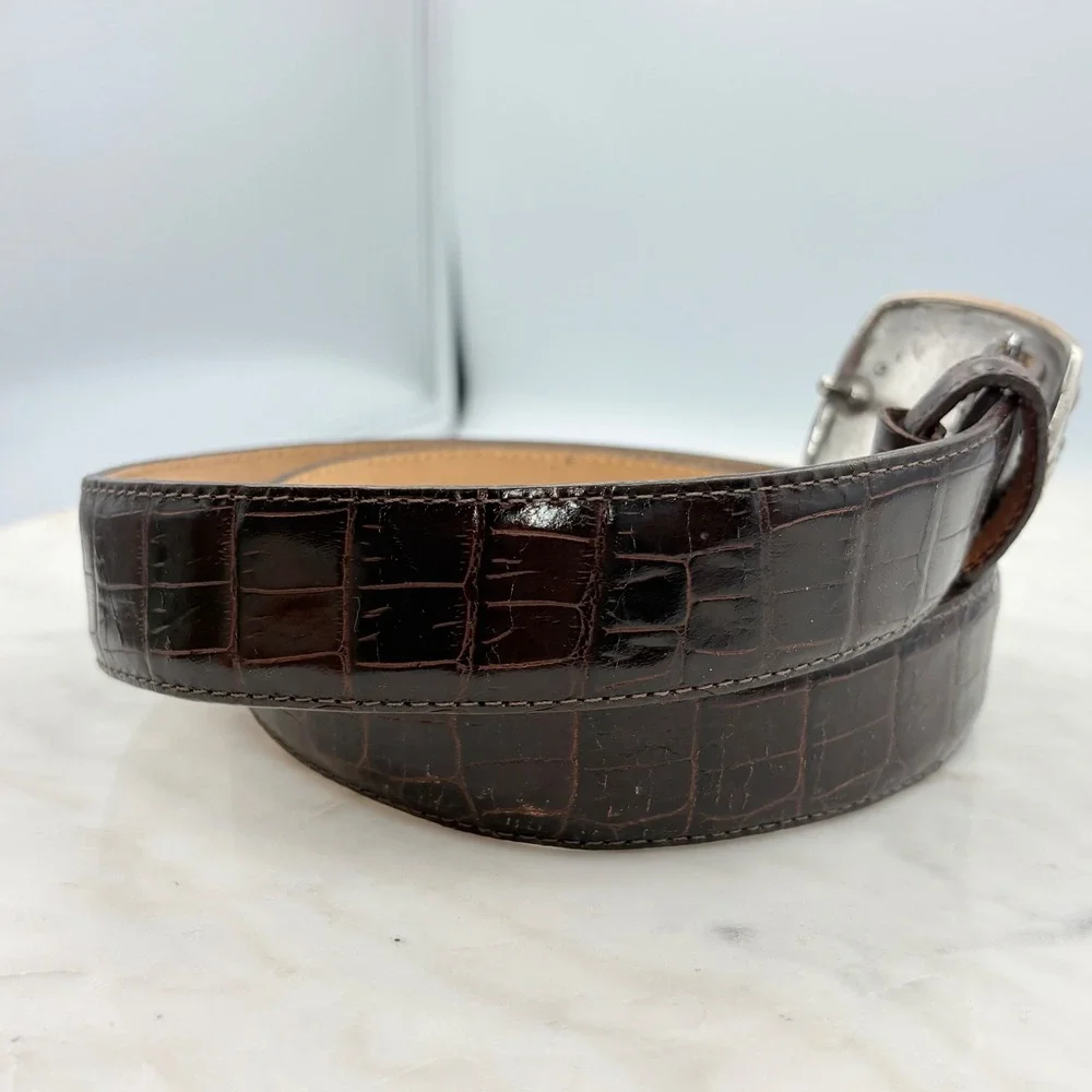 Brighton Croc Embossed Leather Belt Women Large Brown Floral Silver Buckle 24009